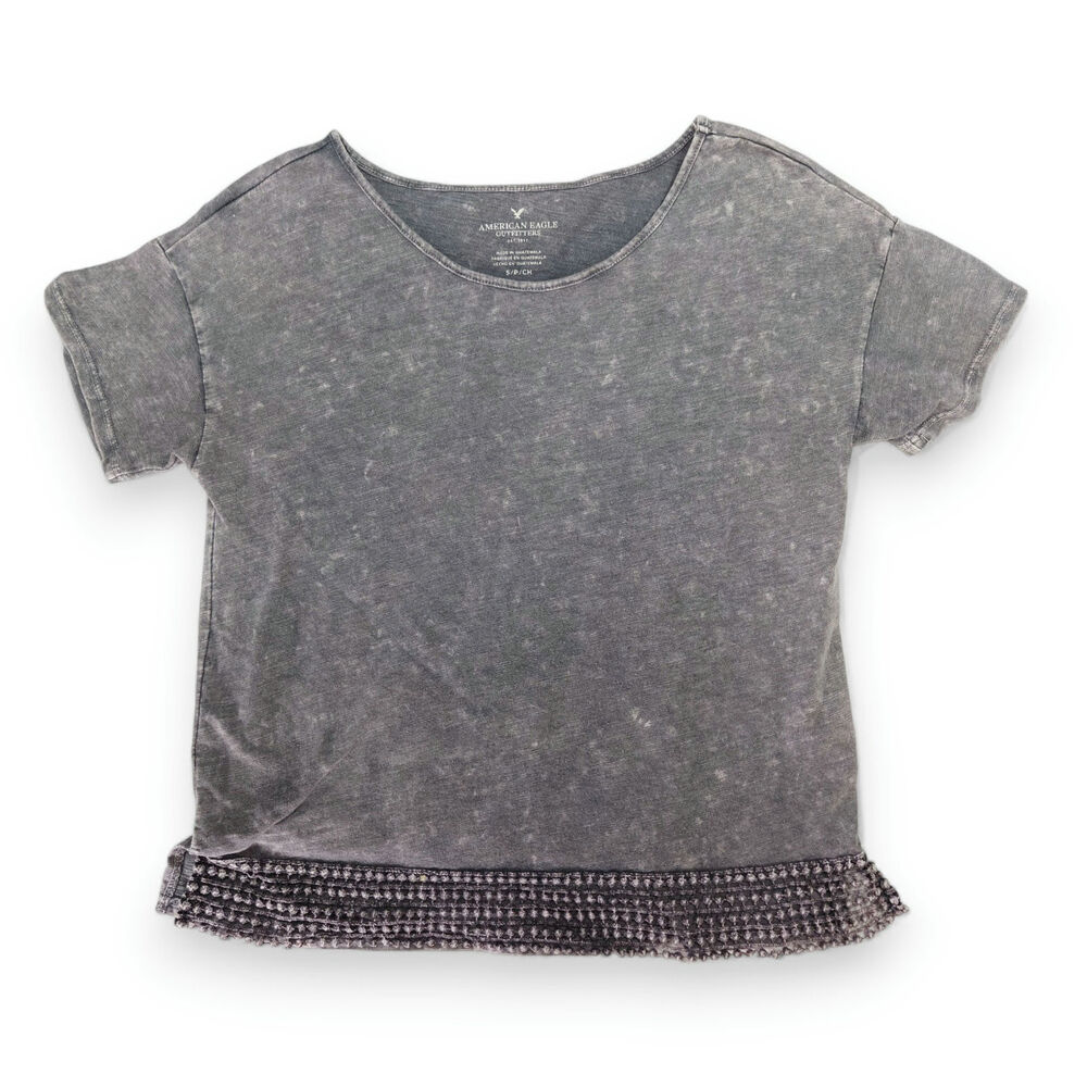 American‎ Eagle Burnout Tee Crochet Hem Scoop Neck Cap Sleeve Charcoal Gray S